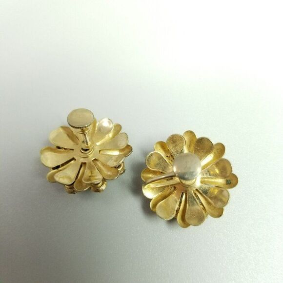 Vintage Dark Purple Rhinestone Flower Clip On Earrings, Gold Tone Screw Backs - Picture 3 of 6